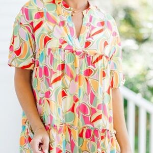 Blue B Pink Abstract Babydoll Dress Mini Size S Colorful Puff Short Sleeves